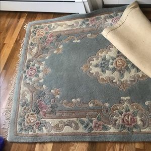 Blue floral 100% wool rug carpet mat pink flower